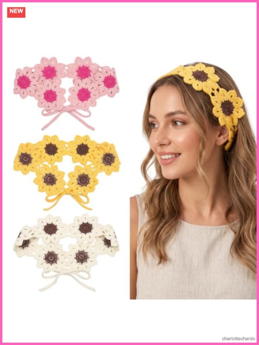 Boho Crochet Sunflower Headbands Tie-Back Adjustable Polyester Hair Accessory